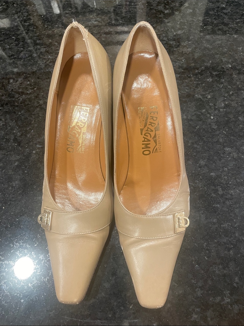 Salvatore Ferragamo Taupe Leather Pointed-Toe Pumps with Signature Buckle